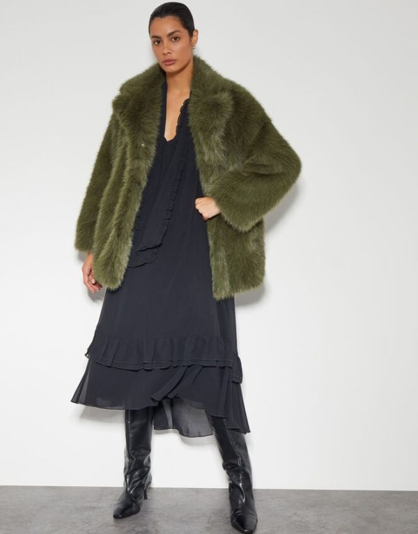 Monsoon Felixa Faux Fur Coat Green