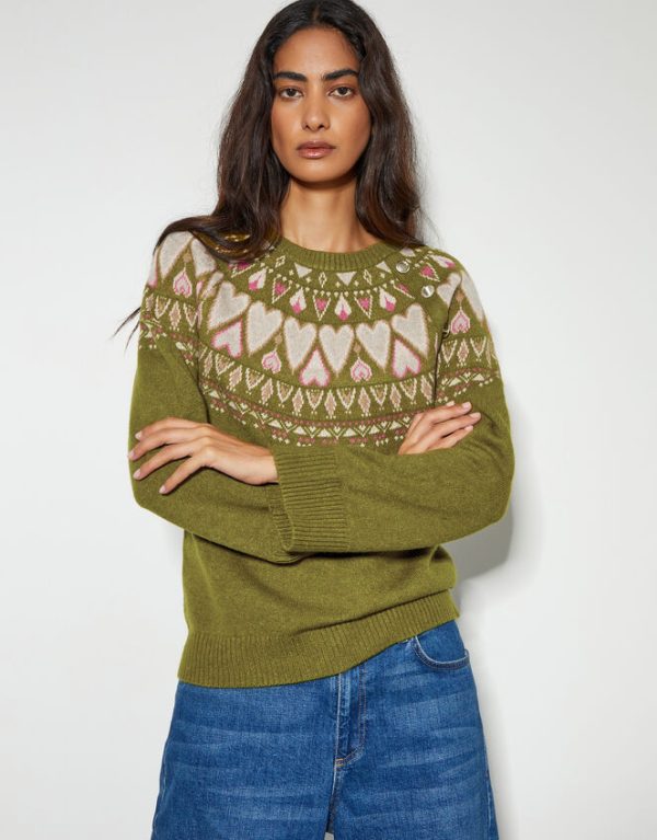 Monsoon Paula Heart Fair Isle Knit Jumper Green