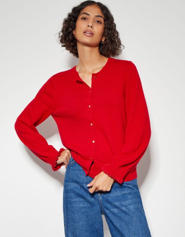 Monsoon Cora Frill Crew Neck Cardigan Red