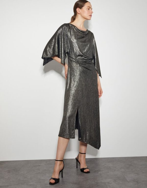 Monsoon Mila Drape Metallic Jersey Midi Dress Gold