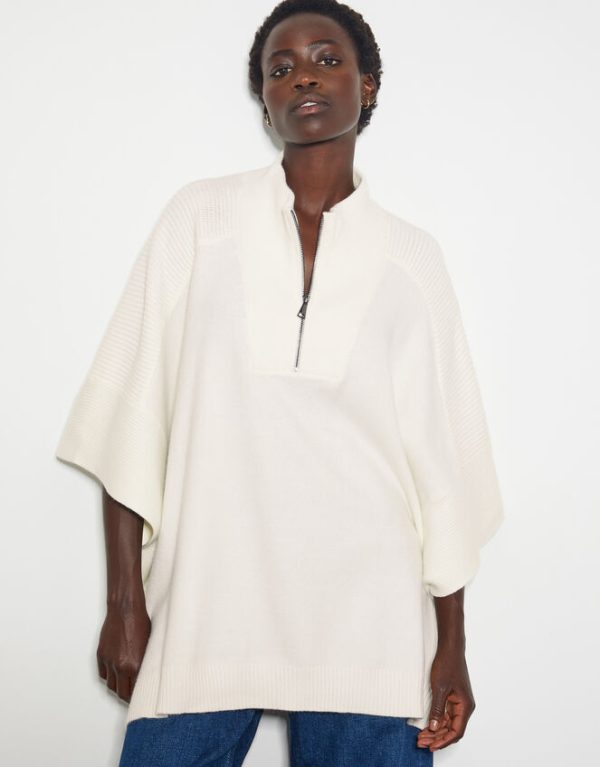 Monsoon Half Zip Knit Poncho Cream