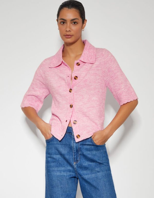 Monsoon Cindy Short Sleeve Collar Cardigan Pink