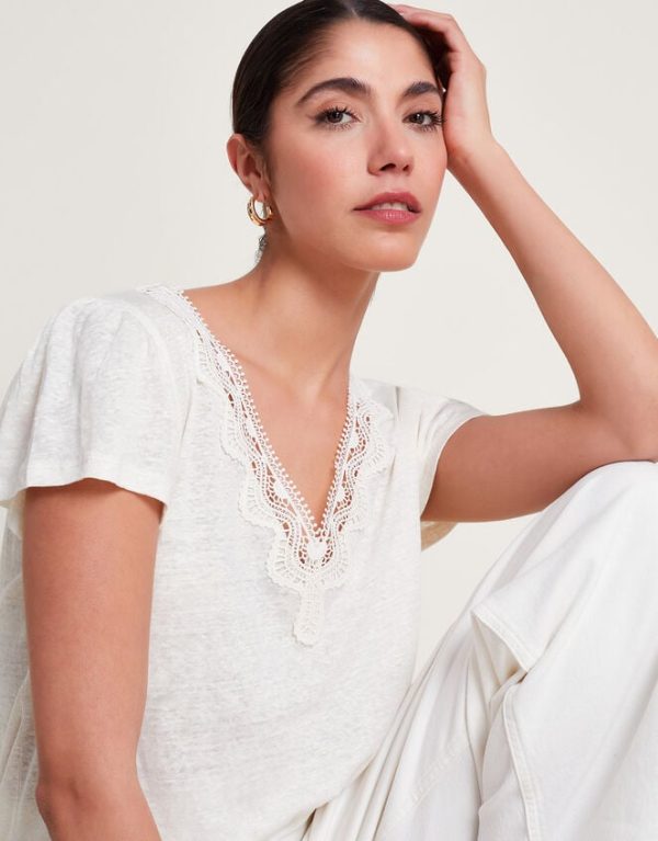 Monsoon Lisa Lace Linen T-Shirt Ivory