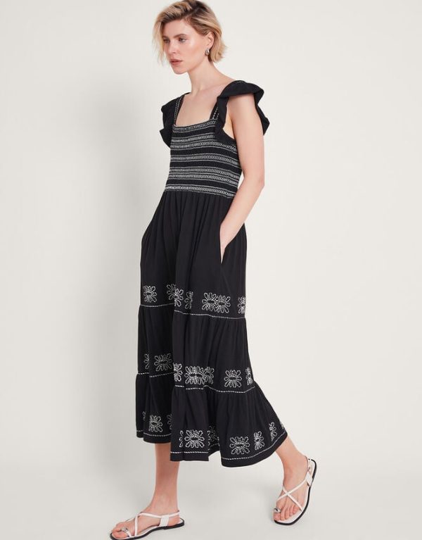 Monsoon Emi Square Neck Embroidered Midi Dress Black