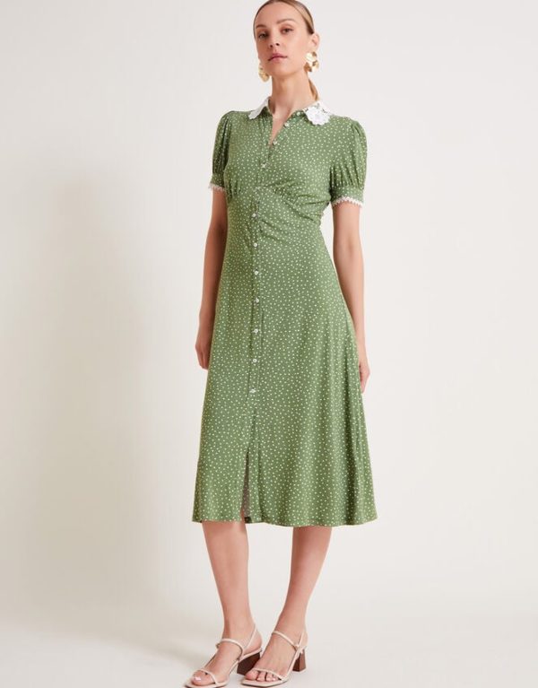 Monsoon Clea Spot Jersey Midi Dress Green