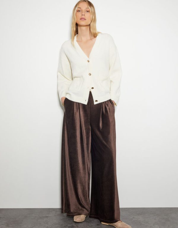 Monsoon Shay Rib Velour Wide Leg Trousers Brown