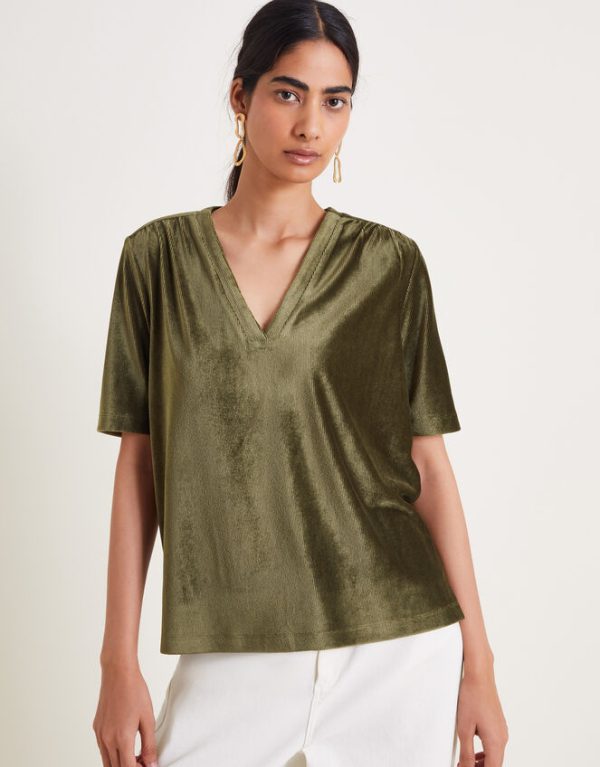 Monsoon Shay Rib Velour V-Neck T-Shirt Green