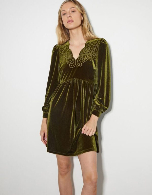 Monsoon Vicki Embroidered Velvet Mini Dress Green