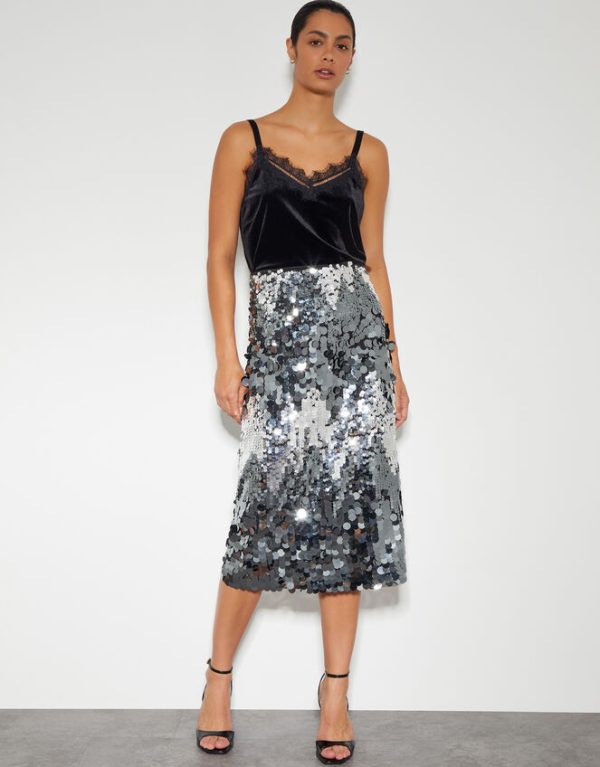 Monsoon Sia Sequin Midi Skirt Silver