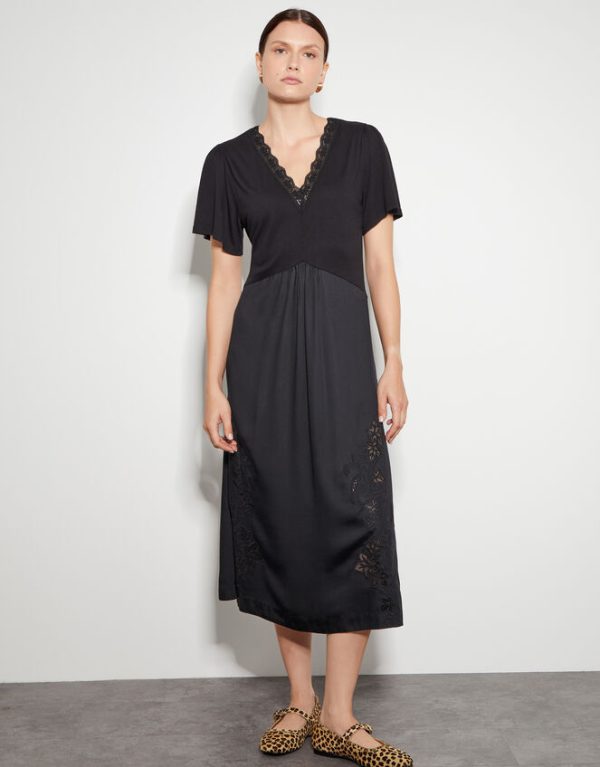 Monsoon Wren Lacy Jersey Mix Midi Dress Black