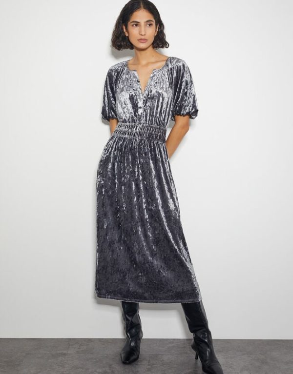 Monsoon Valle Puff Sleeve Velvet Midi Dress Grey