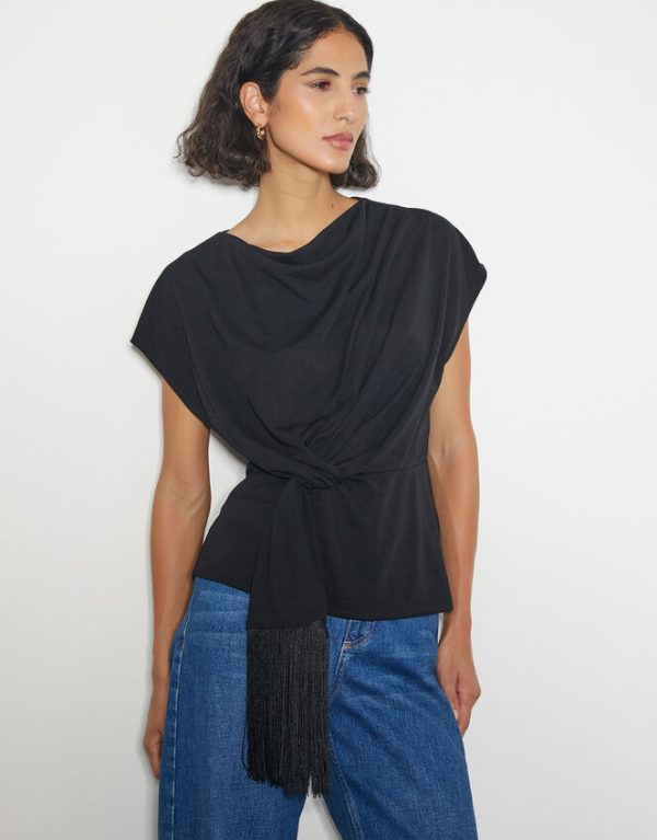 Monsoon Tanya Twist Tassel Jersey Top Black