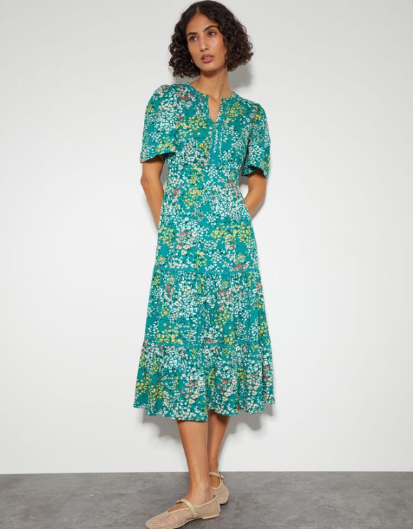 Monsoon Micola Short Sleeve Floral Midi Dress Teal