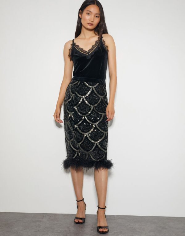 Monsoon Sira Sequin Feather Pencil Skirt Black