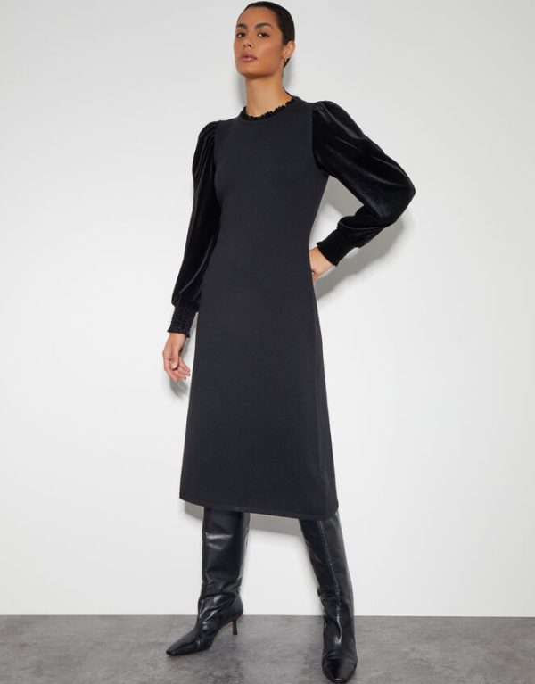 Monsoon Viv Velvet Sleeve Knit Midi Dress Black