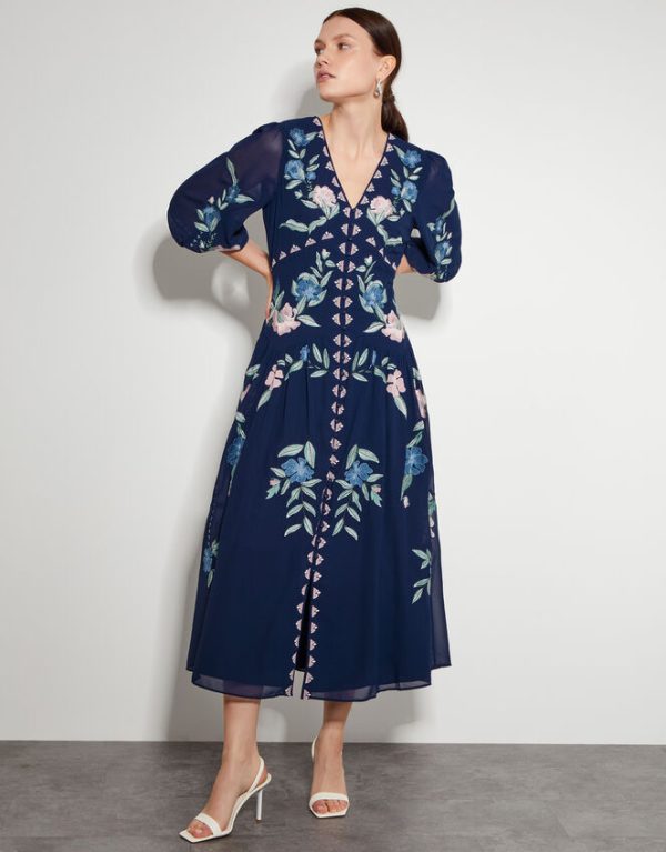 Monsoon Delilah Embroidered Midi Dress Blue