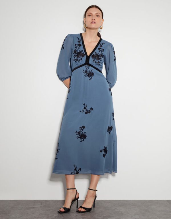 Monsoon Tessa V-Neck Floral Midi Dress Blue