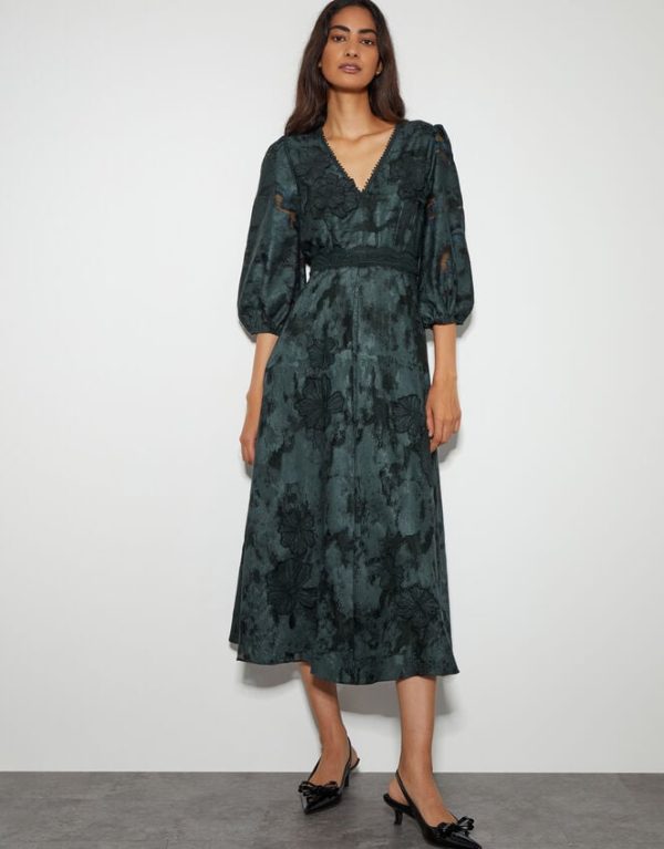 Monsoon Joanna Floral Lace Midi Tea Dress Green