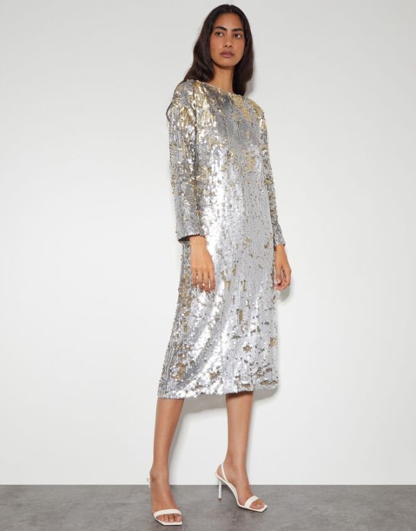 Monsoon Marie Long Sleeve Sequin Midi Dress Silver