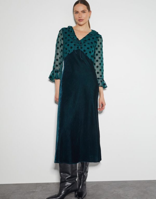 Monsoon Dora Polka Dot Velvet Midi Dress Teal