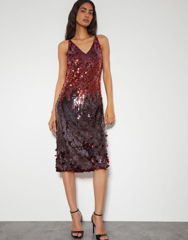 Monsoon Claire Sleeveless Sequin Midi Dress Red