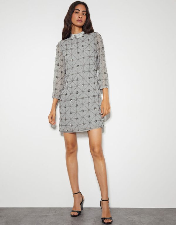 Monsoon Adele Hand-Beaded Long Sleeve Mini Dress Grey