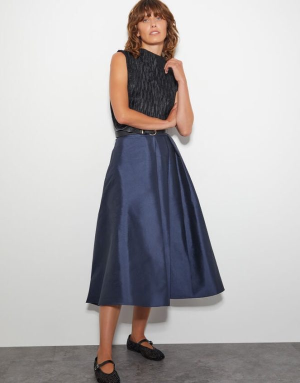 Monsoon Tanya Taffeta Pleated Midi Skirt Blue