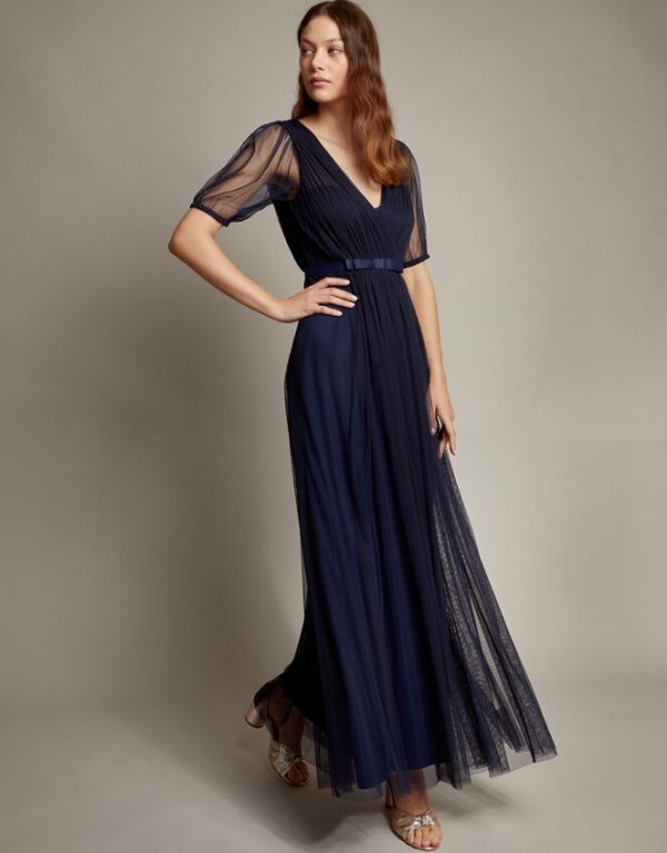 Monsoon Ellie Sheer Sleeve Plunge Tulle Maxi Dress Blue