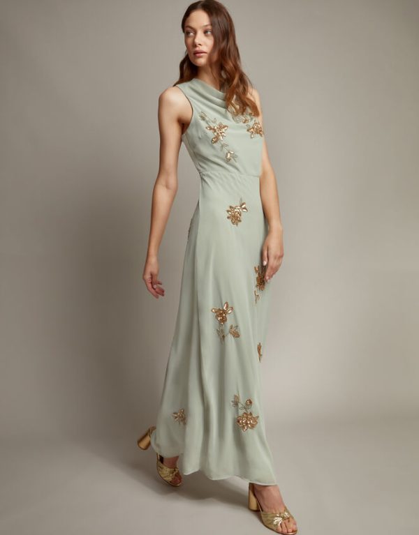 Monsoon Sarah Embellished Cowl Neck Maxi Dress Green