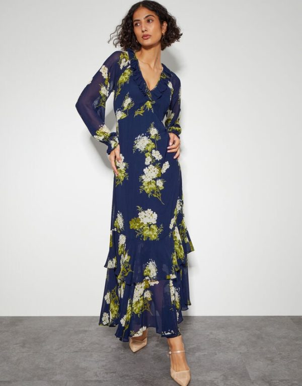 Monsoon Rowena Floral Ruffle Dress Blue