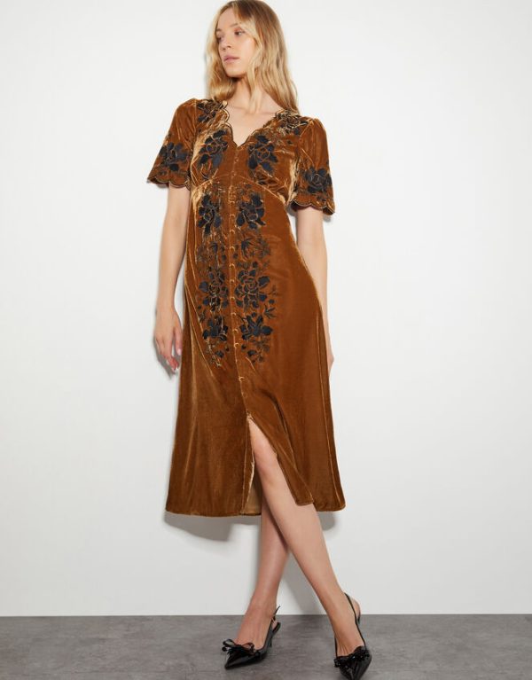 Monsoon Cleo Embroidered Velvet Dress Copper