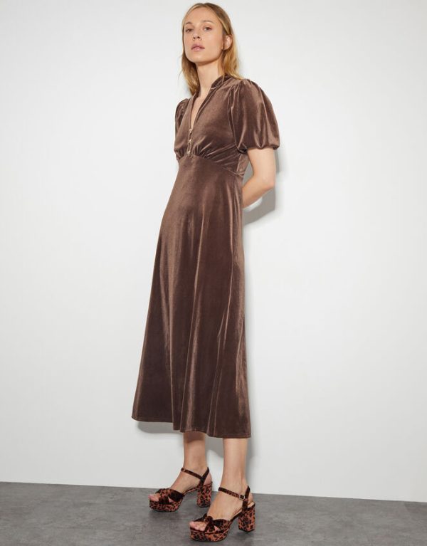 Monsoon Veronique Velvet Bow Midi Dress Brown