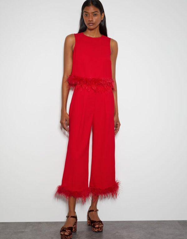 Monsoon Monsoon x Sarah Corbett-Winder Feather Trim Cropped Trousers Red