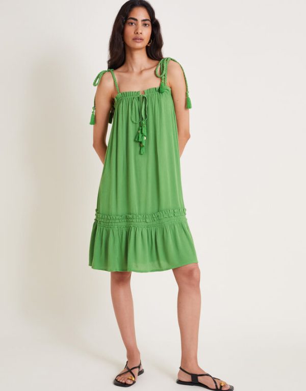 Monsoon Cassie Tie Strap Frill Mini Dress Green