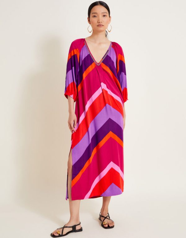 Monsoon Sonya Stripe Kaftan Dress Red