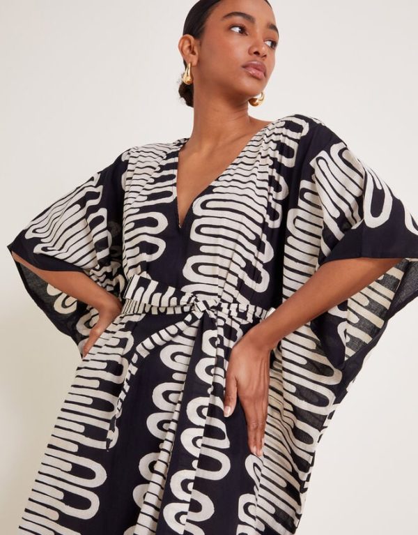 Monsoon Orla Geometric Print Kaftan Dress Black