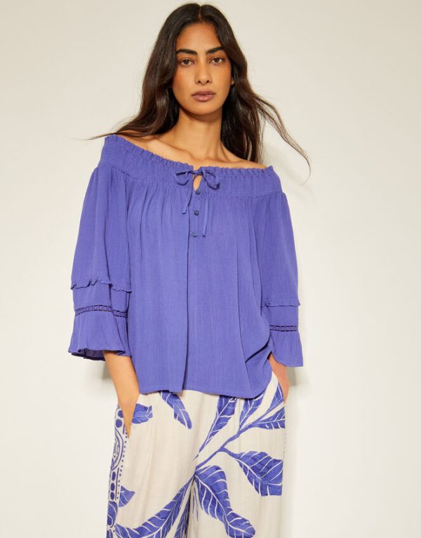 Monsoon Ava Off-The-Shoulder Smock Top Blue