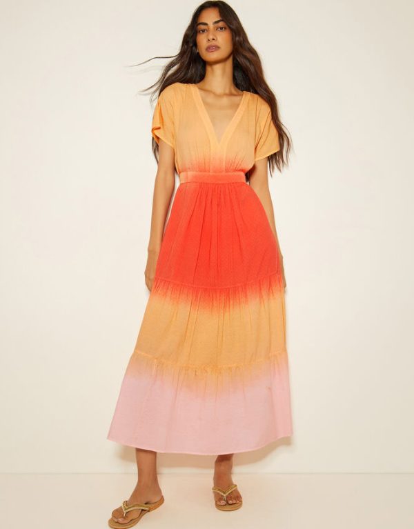 Monsoon Maya Dip Dye Tiered Midi Dress Orange