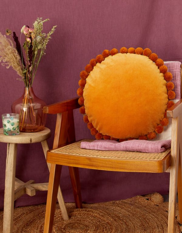 Monsoon Pom-Pom Trim Velvet Round Cushion