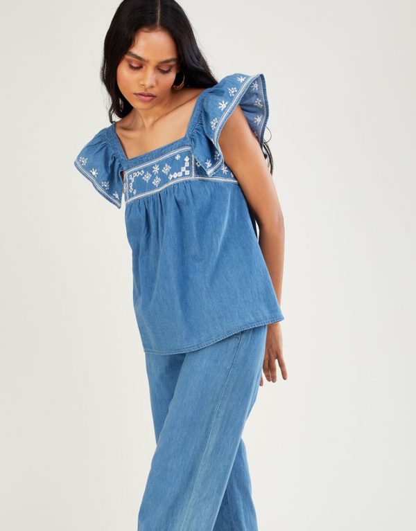 Monsoon Embroidered Denim Top Blue