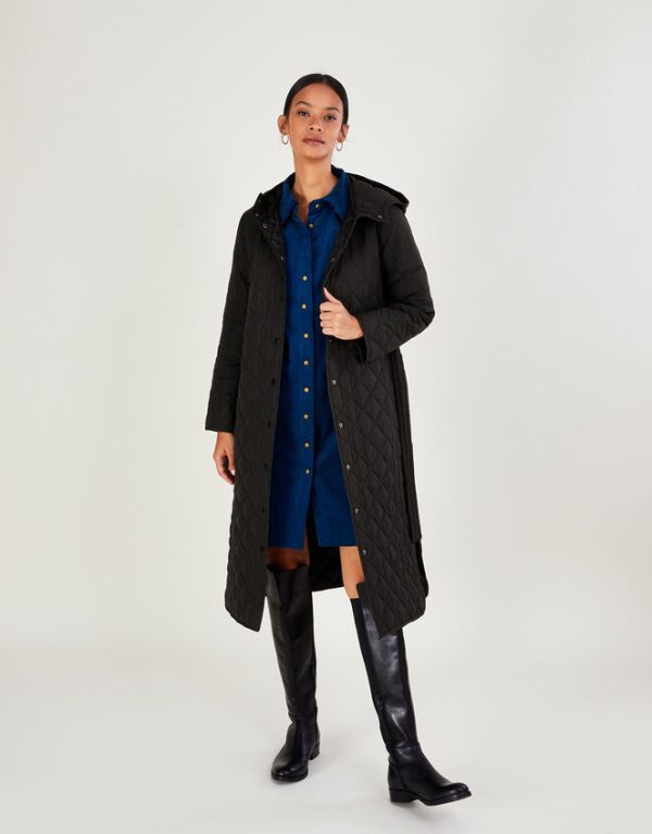 Monsoon Quinn Quilted Hooded Longline Coat in Recycled Polyester Black