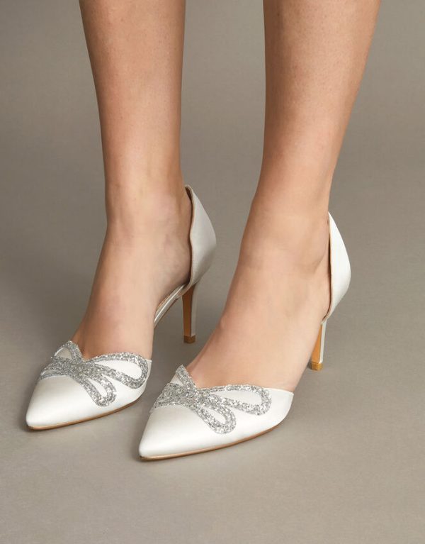 Monsoon Glitter Bow Pointed Toe Bridal Court Heels Ivory