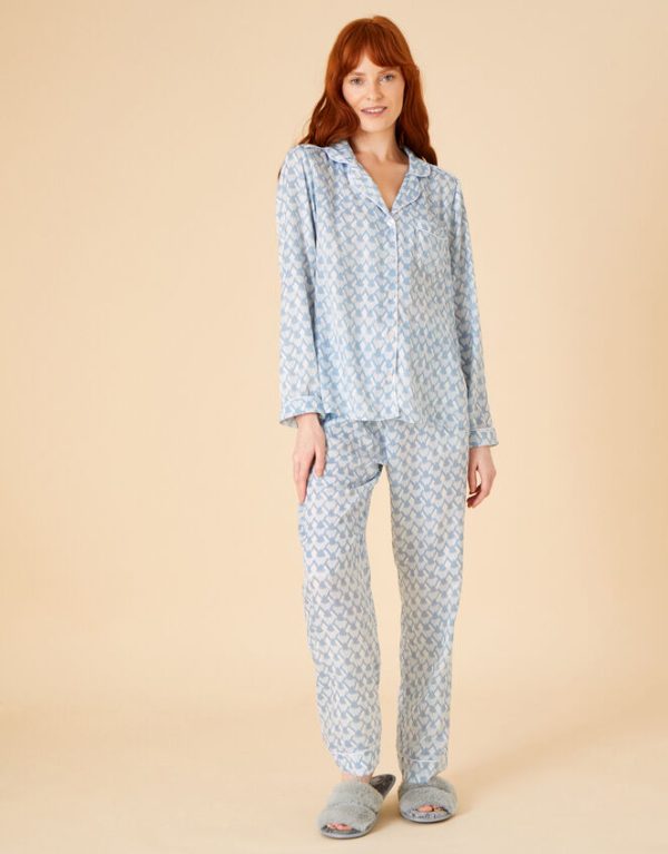 Monsoon Geometric Print Bridal Satin Pyjama Set Blue