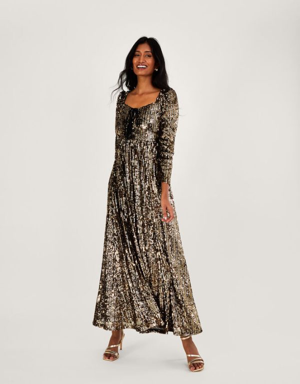 Monsoon Georgina Sequin Maxi Dress Gold