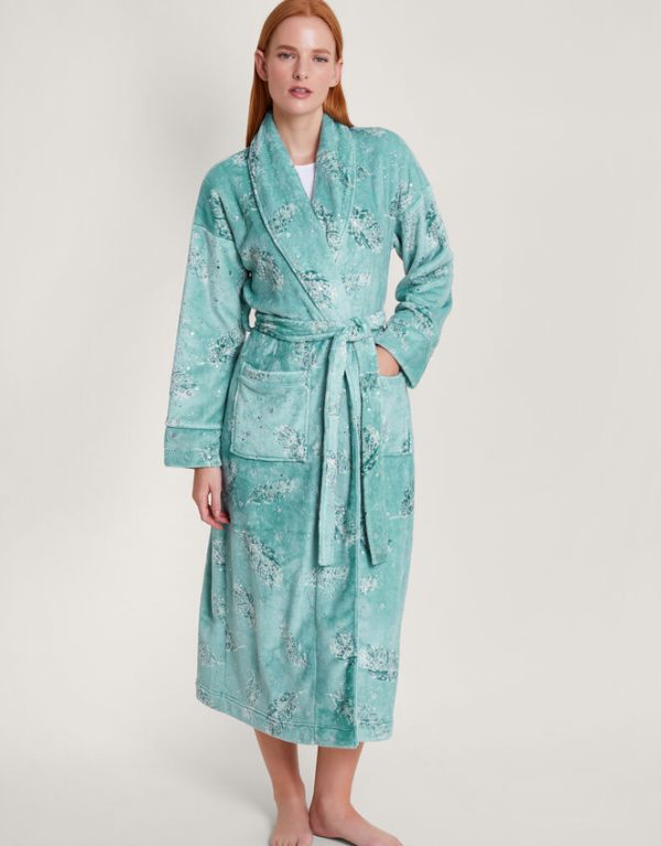 Monsoon Feather Print Foil Dressing Gown Teal