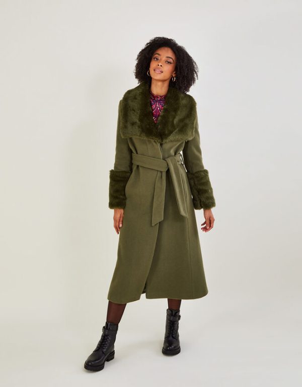 Monsoon Sadie Faux Fur Trim Wrap Coat Green