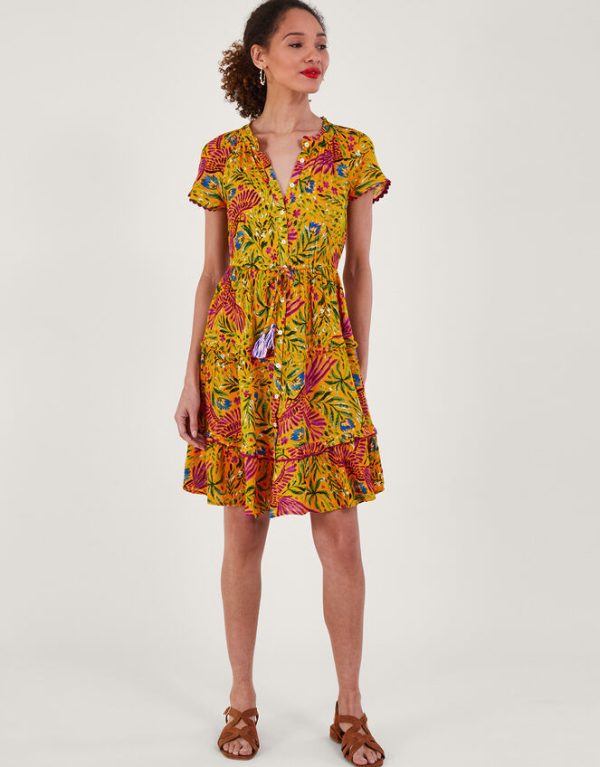 Monsoon Floral and Palm Print Dress Yellow