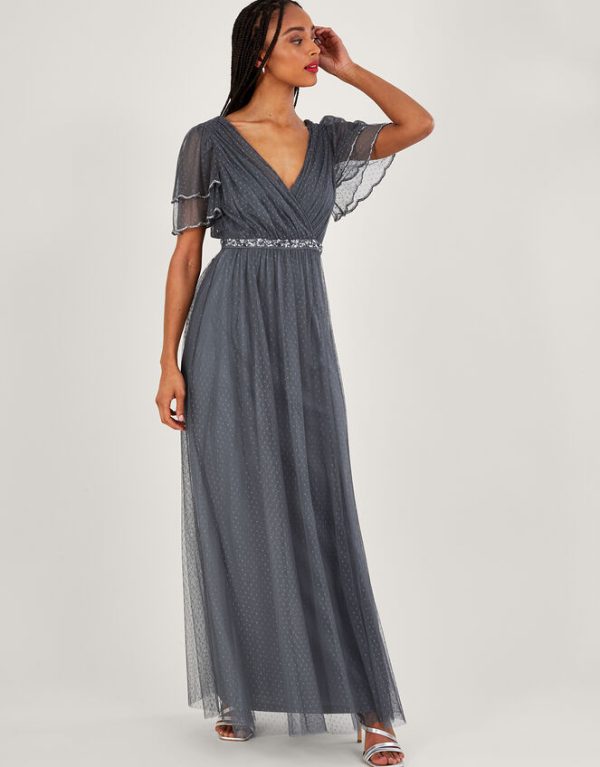 Monsoon Isla Spot Mesh Maxi Dress Blue