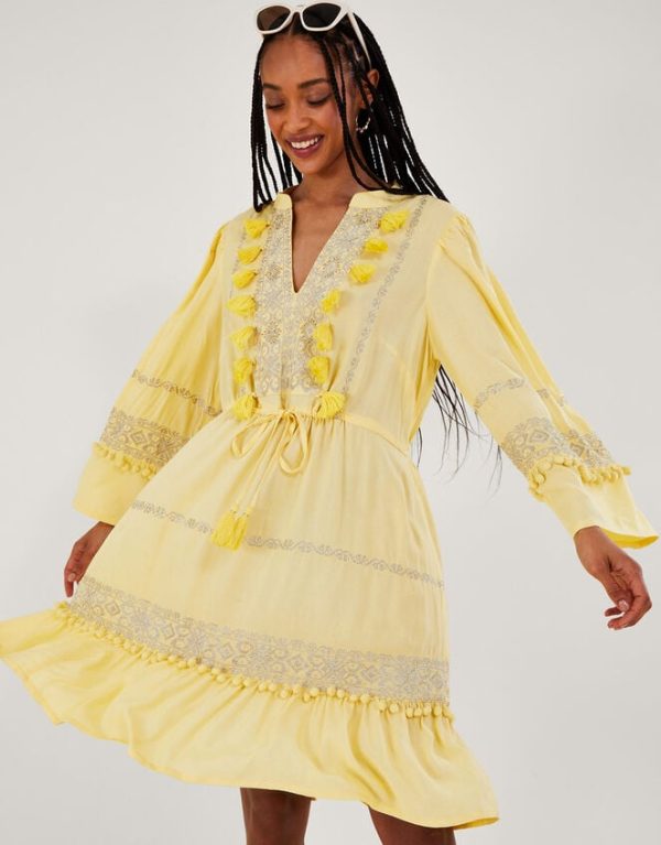 Monsoon Embroidered Pom-Pom Kaftan Dress Yellow