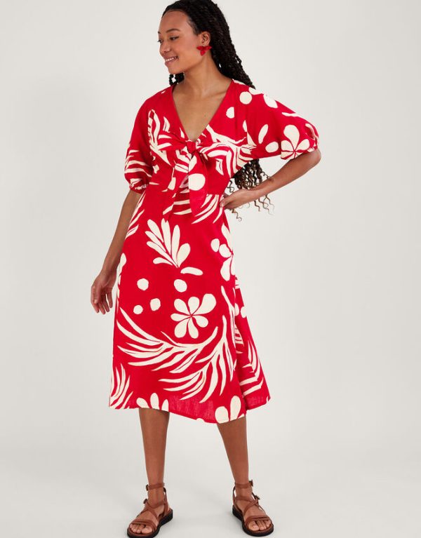 Monsoon Midi Dress Abstract Palm Print Tie Front Midi Dress Red